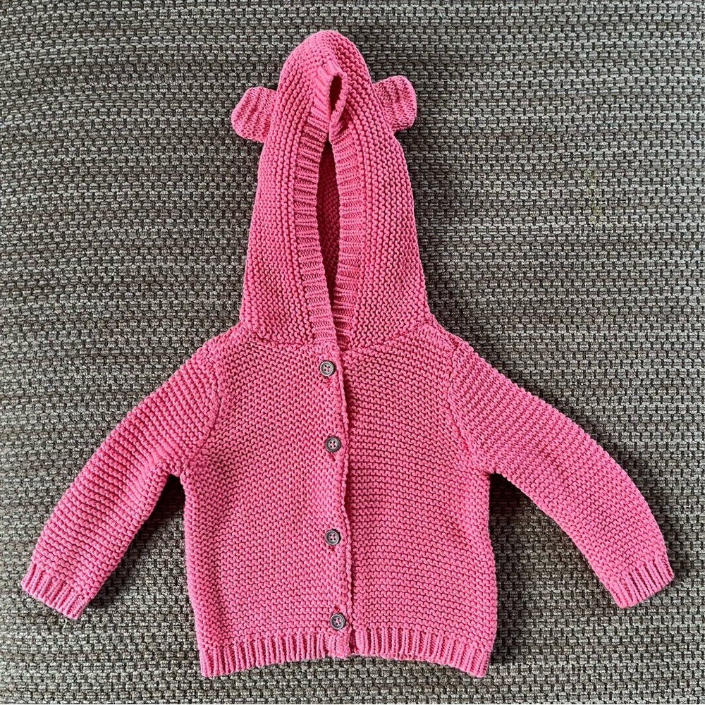 Carters Baby Girl 3 Months Hooded Cardigan Sweater Pink 3D Ears Button Front